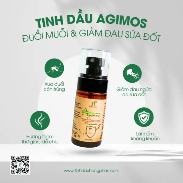 Tinh dầu đuổi muỗi Agimos với các công dụng như xua đuổi côn trùng, tạo hương thơm dễ chịu, làm ấm/kháng khuẩn, giảm đau ngứa khi sứa đốt...
