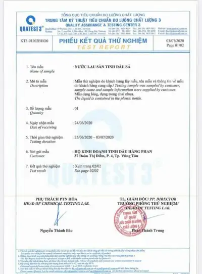 Giấy kiểm định sản phẩm nước lau sàn tinh dầu Sả của Tinh dầu Hằng Phan